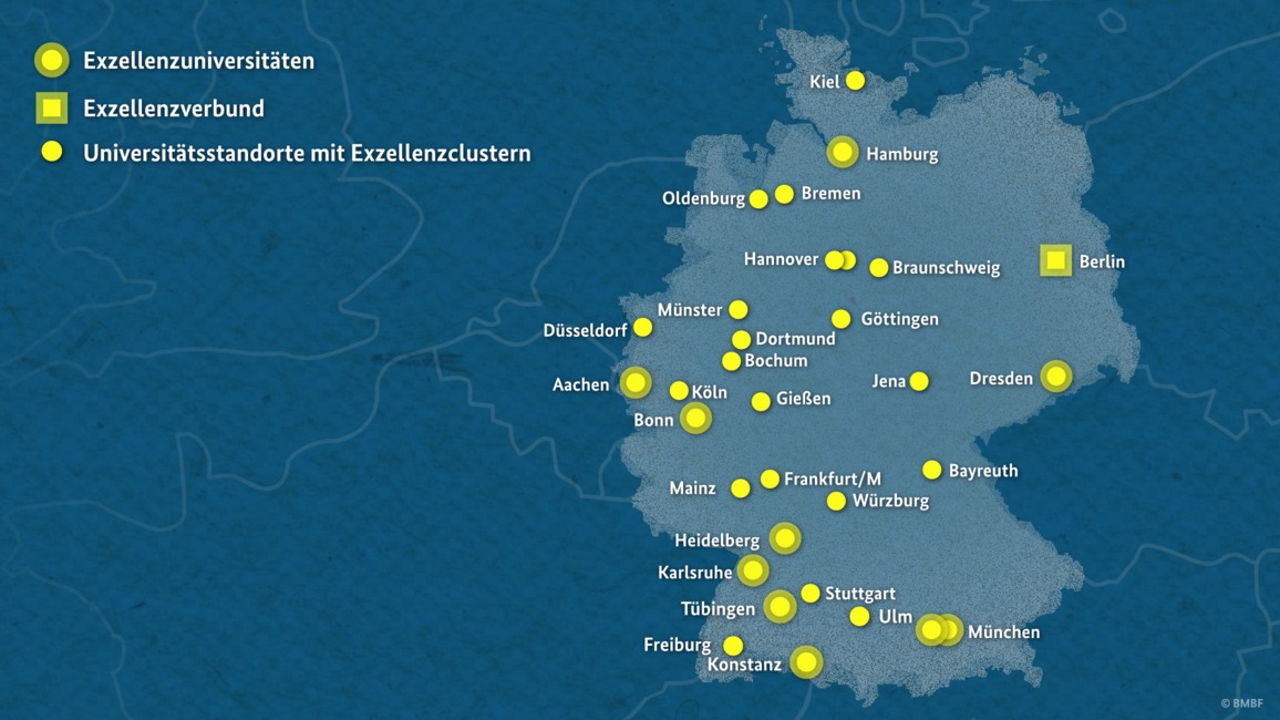 Standortkarte der Exzellenz-Universitäten und -Cluster