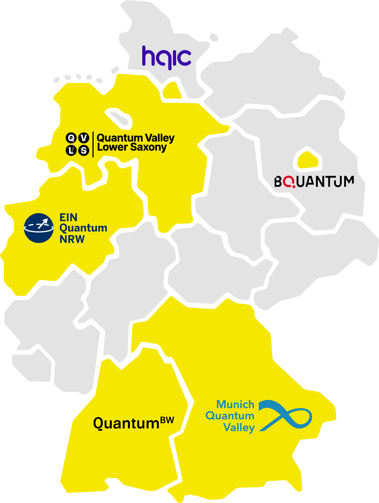 Deutschlandkarte mit Bundesländergrenzen und Initiativen zum Thema Quantentechnologien